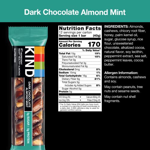 Image of KIND Nut Bars, Dark Chocolate Mint, Healthy Snacks, Gluten Free, Low Sugar, 5g Protein, 12 Count