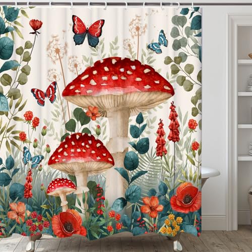Image of Boho Mushroom Shower Curtain, Floral Woodland Farmhouse Cottagecore Aesthetic Sage Green Eucalyptus Shower Curtain Set, Fairy Witchy Plant Botanical Flower Fabric Bathroom Curatin with Hooks 72X72