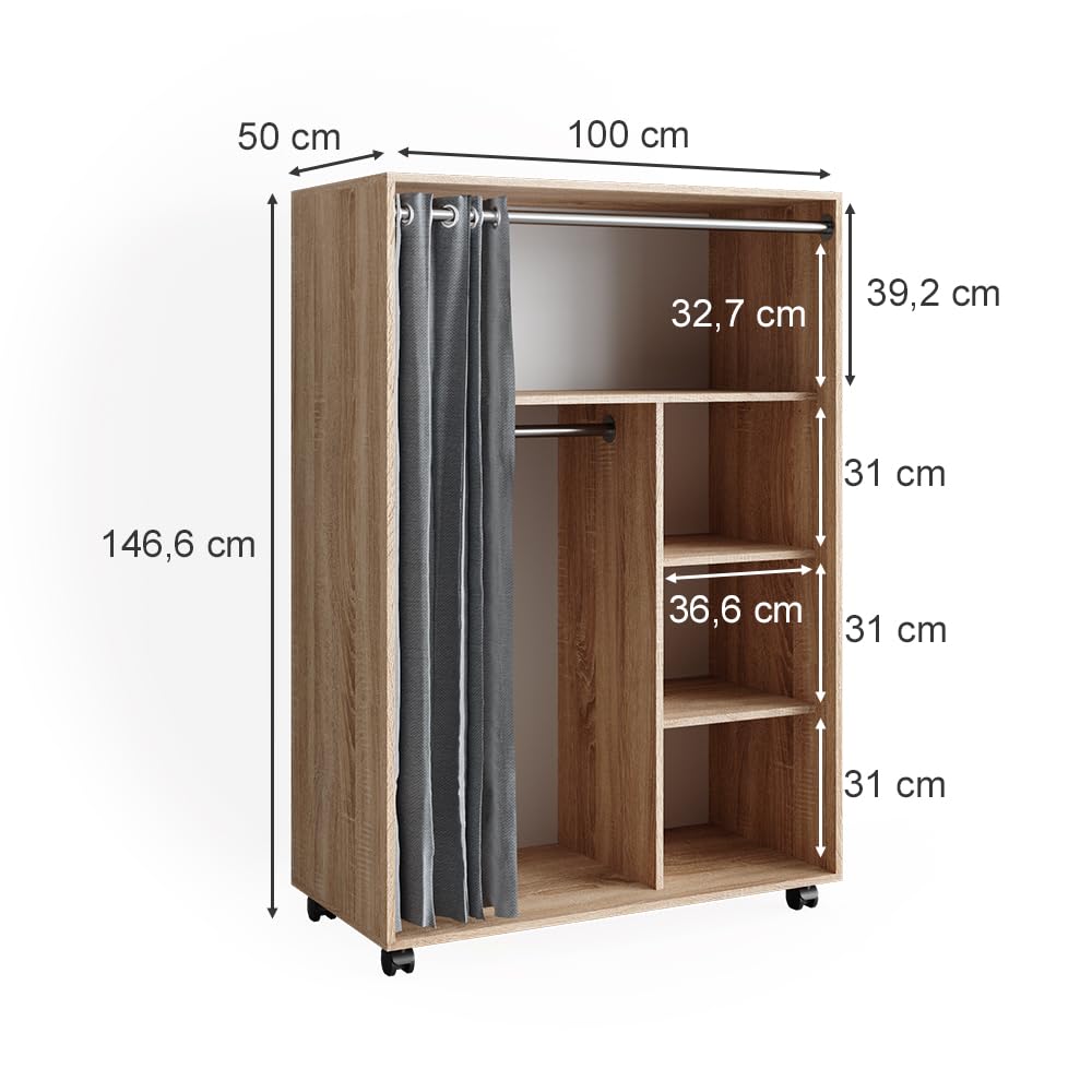 Vicco Kleiderschrank Doros, Sonoma, 100 x 146.6 cm mit Rollen, mit Rollen zur flexiblen Platzierung im Raum
