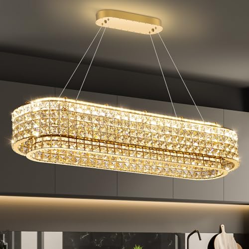 AFQEJG L40 x W12 Modern Chandeliers for Dining Room LED Dimmable Pendant Lighting Ceiling Chandelier Crystal Rectangle Light Fixtures Gold