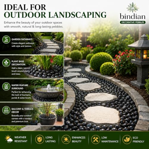 Image of Bindian Decorative Pebble Stone, Multicolour, Natural Stone, Smooth & Polished, for Aquarium, Garden, Plant Pot, Fountain Decor (5 Kg, Black)