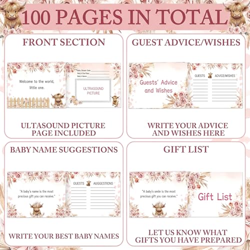 Image of Fuyoooo 27 Pcs Highland Cow Baby Shower Guest Book Set Baby Shower Sign in Guest Holy Cow Book Place Table Cards with Gold Pen Adhesive Photo Corner for Birthday Party