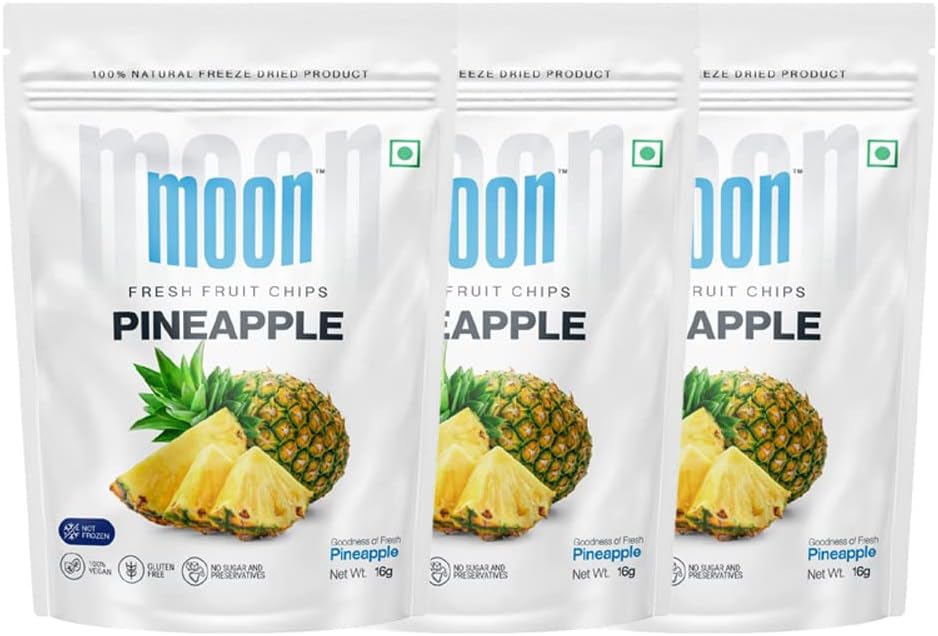 Moon Freeze Dried Pineapple Chips | Healthy Pineapple Snack | 100% Natural, Vegan, No Preservatives, No Added Sugar | 16 Gm | Moon_Pineapple_Chips | (16Gm) Pack of 3