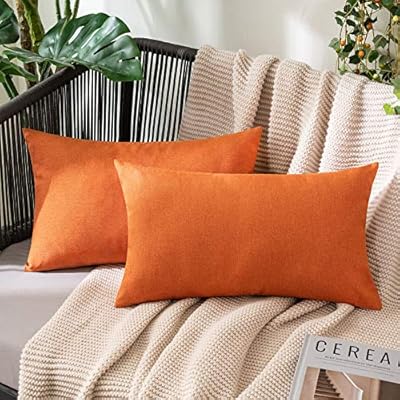 MIULEE Fall Pack of 2 Decorative Outdoor Solid Waterproof Throw Pillow Covers Polyester Linen Garden Farmhouse Cushion Cases for Patio Tent Balcony Couch Sofa 12x20 inch Orange