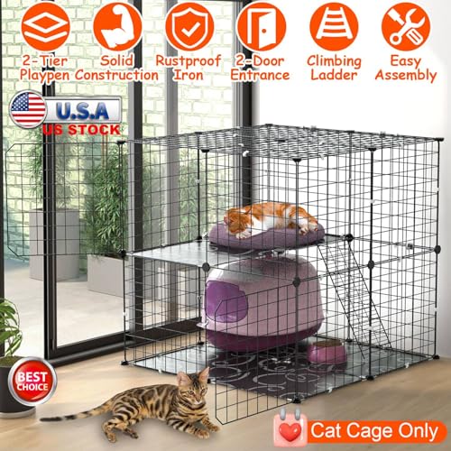 TeqHome Gaiola grande para gatos de 2 níveis, cercados internos para gatos, maleável, faça você mesm