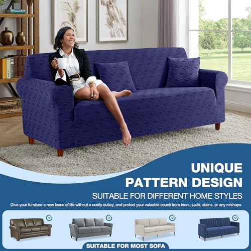 Image of TAOCOCO Stretch Sofa Covers for 3 Cushion Couch, 1Piece Non Slip Sofa Slipcover Washable with 2PCS Throw Pillow Covers, Jacquard Furniture Protector for Pets Dog(3 Seater,Dark Blue)