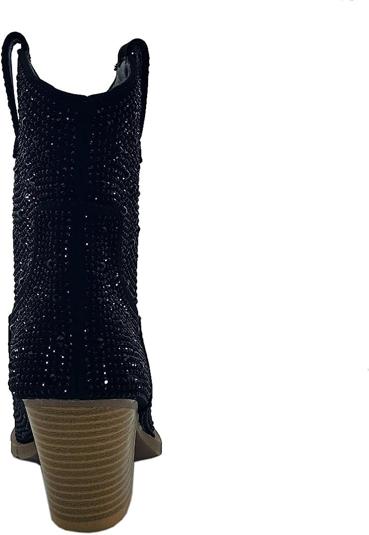 Women's Rhinestone Block Heel Mid Calf Short Ankle Booties Knee High Boots: Women's Rhinestone Block Heel Cowboy Mid Calf Short Ankle Booties Boots River-01 Charcoal 01 Size 6
