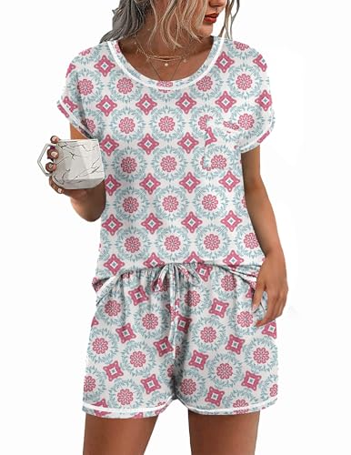 Image of Ekouaer Womens Pajama Sets 2 Piece Soft Short Sleeve Top and Shorts Sleepwear Round Neck Pjs Lounge Set with Pockets