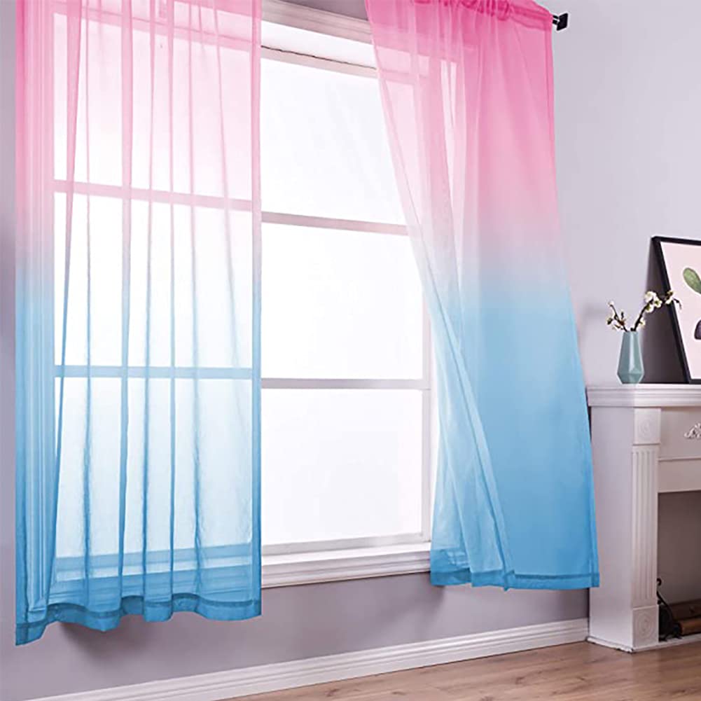 2 Stück Vorhang Gardinen Gardinenschals Transparent Sheer Voile Vorhang Durchsichtig Fensterschal für Wohnzimmer Schlafzimmer Blau Lila (mit Kräuselband) 132x213cm