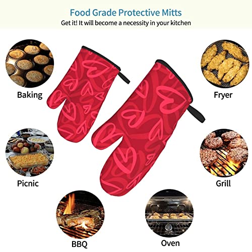 Oven Mitts, Cute Red Heart Pattern, Heat Resistant Kitchen Gloves Set Of 2 For Cooking Baking Bbq #TOP6