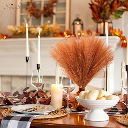 Image of Serwalin Pampas Grass Decor 17.7 Inch 6 Pcs Orange Pampas Grass, Faux Burnt Orange Pampas Fall Boho Decor, Wedding Party Table Centerpieces Rust Home Decor Pampas Floral Arrangement
