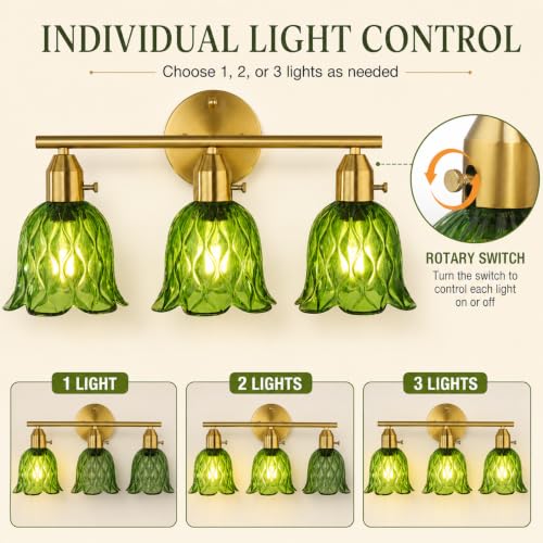 Image of 3-Light Bathroom Light Fixtures, 17.9 inch Gold Vintage Vanity Lights with Clear Green Tulip Glass Shade, Bathroom Wall Lamp for Mirror Kitchen Living Room Hallway Cabinet Porch