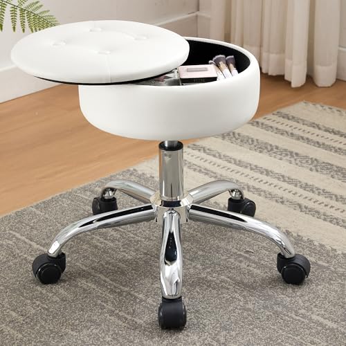 Xenothos Ottoman Swivel Vanity Stool Chair with Storage for Makeup Room Stool for Vanity Chair with Wheels Height Adjustable Faux Leather White