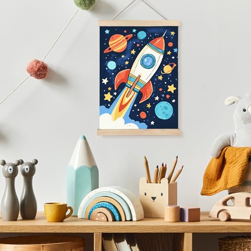 Image of PQKIY Space Rocket Nursery Wall Art Poster Hanger Frame 12x16 in, Retro Universe Space Ship Launching Wall Decor Canvas Prints for Nursery Toddler Boys Kids Room Bedroom Playroom
