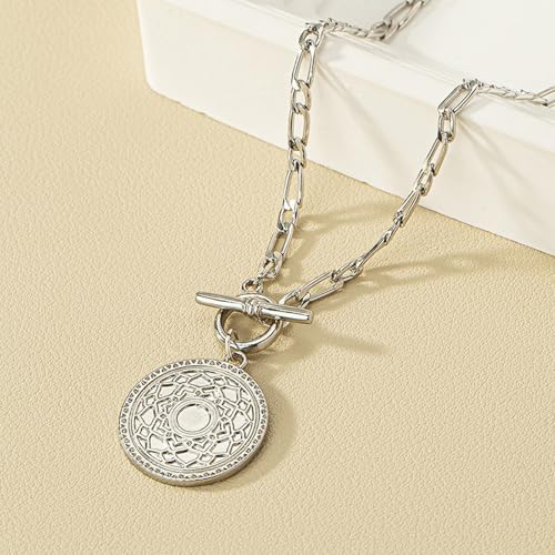 Punk Medallion Necklace for Women Gold Large Coin Pendant Necklace Silver OT Medallion Choker Necklace Sparkly Coin Toggle Clasp Chunky Necklace Costume Prom Jewelry Accessories (silver)4
