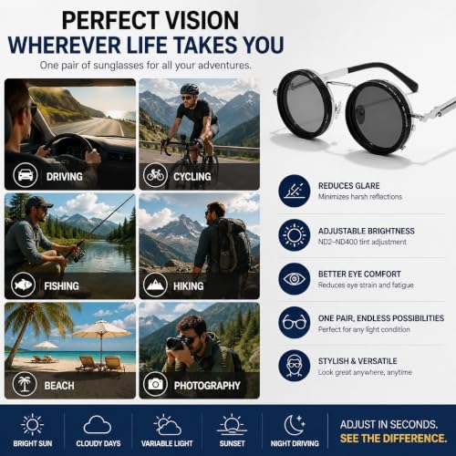 Image of Lucario Adjustable Tint Sunglasses, 1-9 Gears Rounded Polarized Glasses with ND Filter Lenses, for Men Beach Shady Fishing Driving.