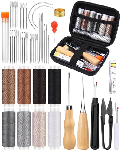 BAGERLA Upholstery Repair Kit 50 Pcs Heavy Duty Sewing Kit with 8 Colors Thread 32 Pcs Upholstery Needles Sewing Awls for Hand Stitching Car Sofa Shoe Backpack Craft DIY
