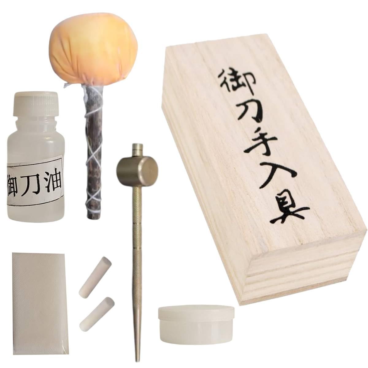 Kit di manutenzione e pulizia per Katana in scatola di legno – Include Choji Abura, Uchiko, Mekugi in bambù, Mekugi-Nuki, Nuguigami – Pulizia e cura tradizionali per spade Samurai