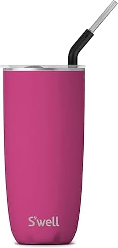 S'well Vaso de acero inoxidable con popote y tapa deslizante, 24 onzas, rosa azalea, recipientes aislados al vacío de triple capa que mantiene las