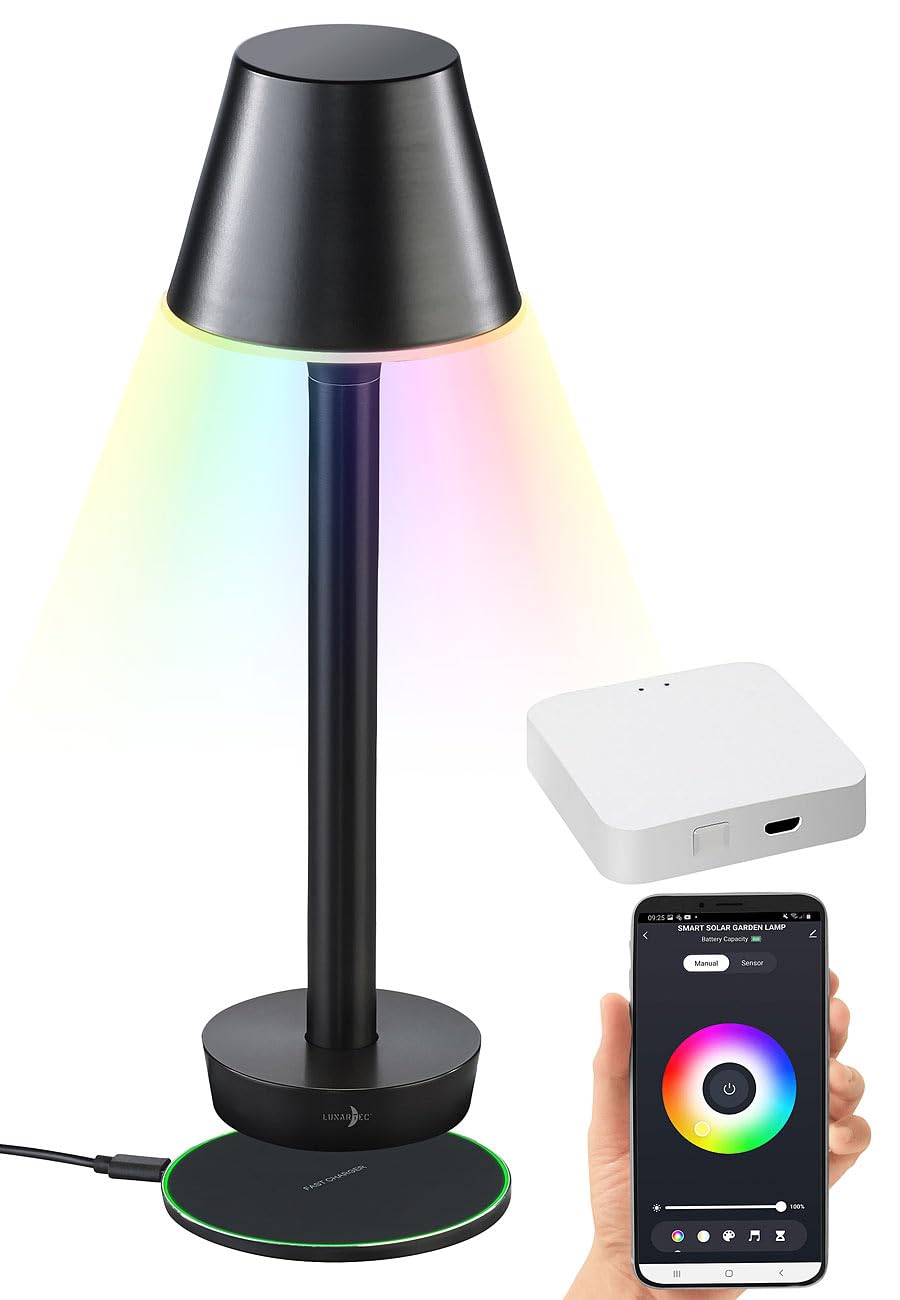 Luminea Home Control Kabellose LED-Tischlampe: Smarte Outdoor-Tischlampe mit WLAN-Gateway, RGB-CCT-LEDs, App, IP67 (mit Sprachsteuerung, Schreibtischleuchten Akku, Leuchte)