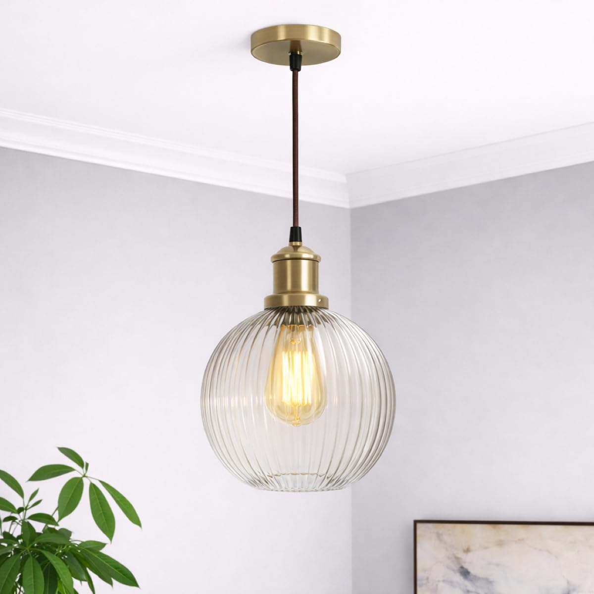 Cgc Lighting Ribbed Globe Indoor Glass Bistro Adjustable Ceiling Pendant Light Lamp Shade (Ribbed Globe)