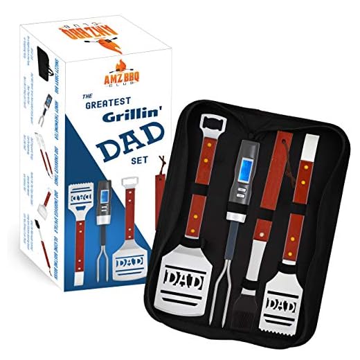 AMZ BBQ Club Gifts for Dad Grill Set for Fathers Day, Dad's Birthday or Anytime - 4 Piece Grilling Accessories for Men Includes Spatula, Tongs, Digital Thermometer, Basting Brush