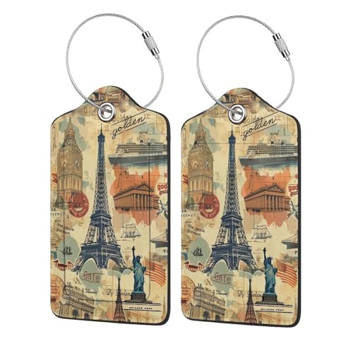 Vintage Travel Stamp 2-Pack Leather Luggage Tag Set, Luggage Tags with Privacy Id Label, Stainless Steel Ring and Address Card for Men and Women