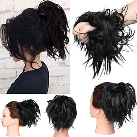 Tousled Updo Messy Bun Hair Piece Scrunchies Hair Synthetic Wavy Bun Extensions Fluffy Updo Scrunchy Chignon with Elastic Rubber Band Wrap on Donut Ponytail Hairpieces Dark Black Cover