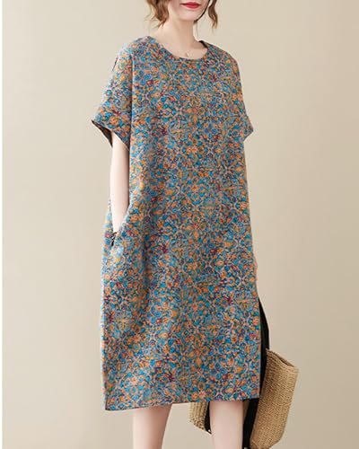 Image of LUZU JUNU Women's Summer Baggy Plus Size Loose Cotton Linen Long Boho Beach Dress with Pockets