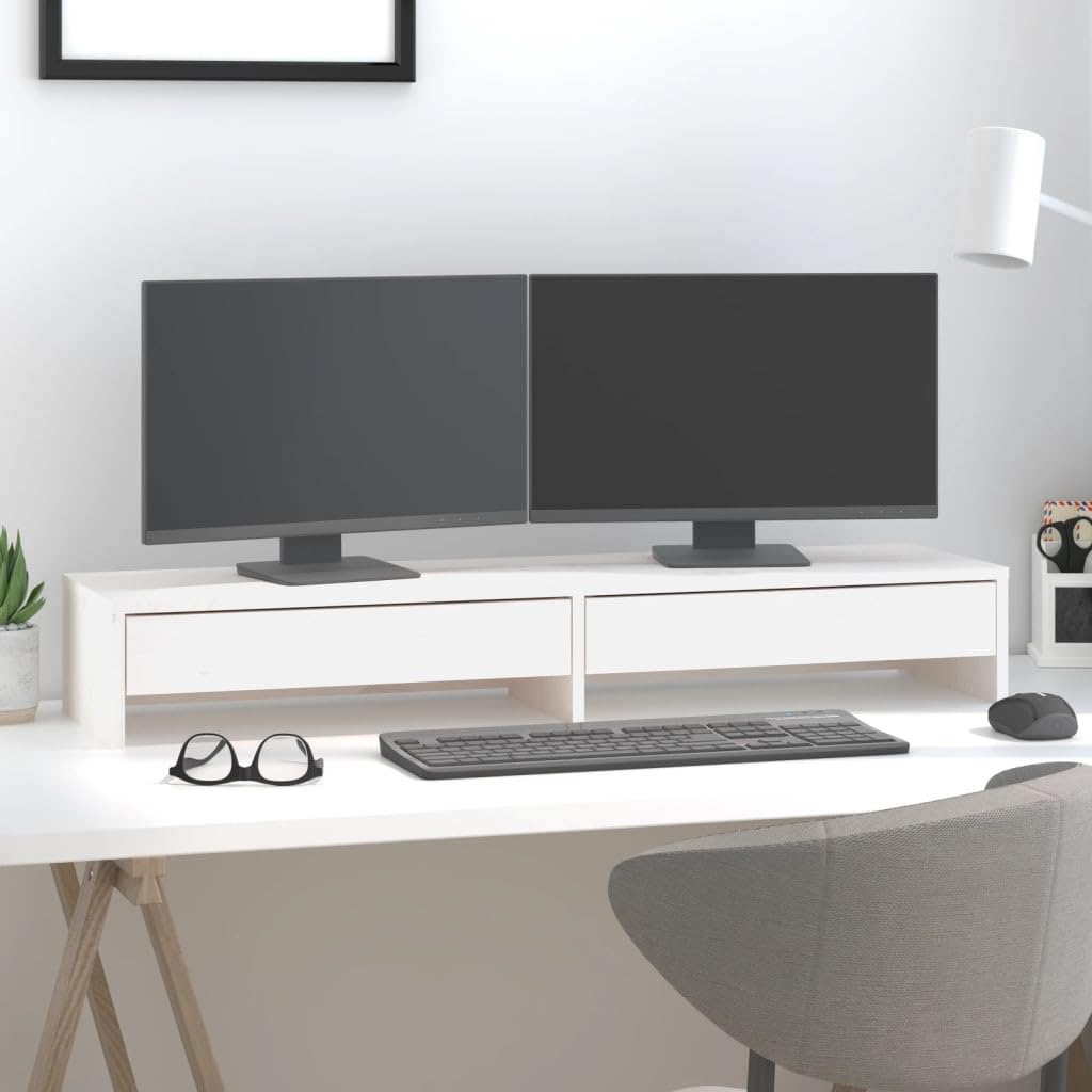 Supporto per monitor in legno di pino, supporto da scrivania con 2 cassetti, bianco, 100 x 27 x 15 cm, rialzo per monitor per ufficio e home office