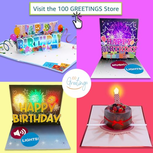 100 GREETINGS 3D Pop Up Birthday Card - Plays \'Happy\' with Lights & Music, Unique BDay Singalong for Women, Men, Mom, Grandma & Grandpa