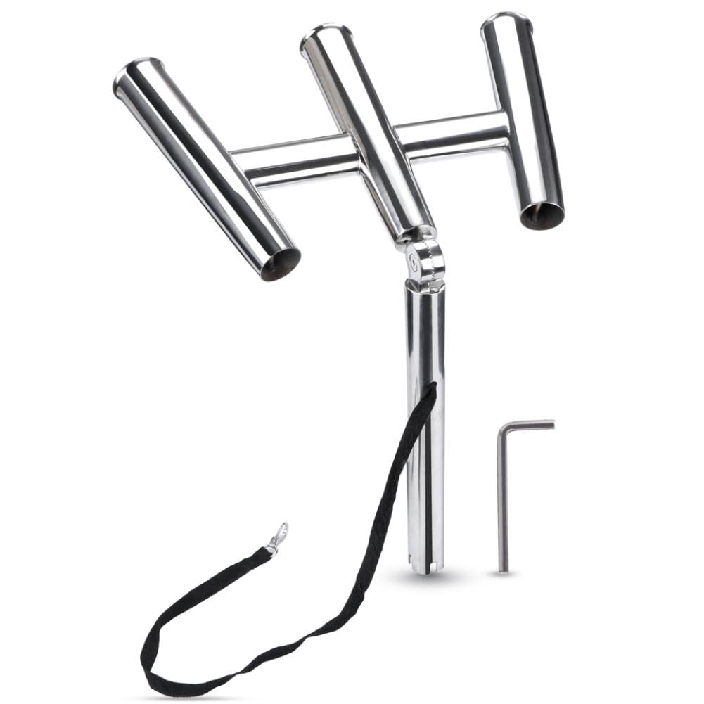 Supporto Per Canne Da Pesca In Acciaio Inox Lucidato Argento A 3 Tubi Con Chiave