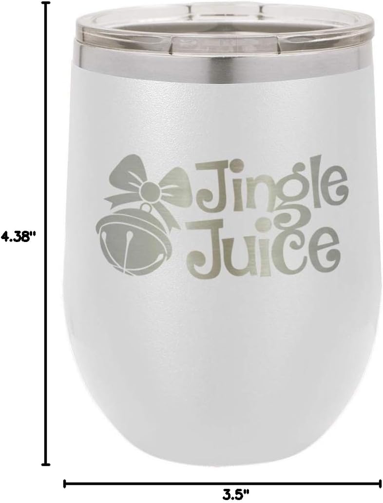 JINGLE JUICE White 12 oz Stemless Wine Glass With Lid | Holiday Party Cup With Fun Christmas Quotes | Engraved Stainless Steel Wine Tumbler | OnlyGifts.com
