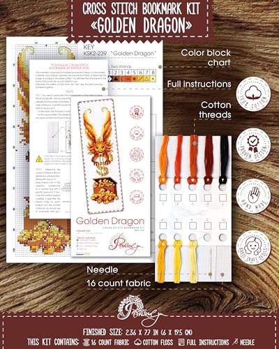 Image of Povitrulya Golden Dragon Counted Cross Stitch Kit - DIY Embroidery Set for Adults with Paper Pattern, 16-Count Aida Canvas and presorted Floss