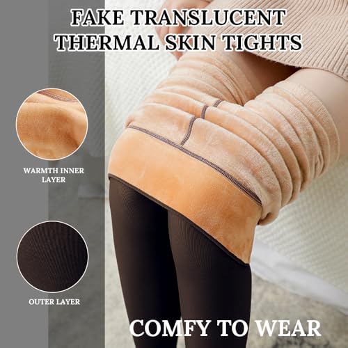 Image of Larmliss Fleece Lined Tights Women Warm Pantyhose Fake Translucent Thick Thermal Skin Sheer Leggings for Winter 2 Pairs