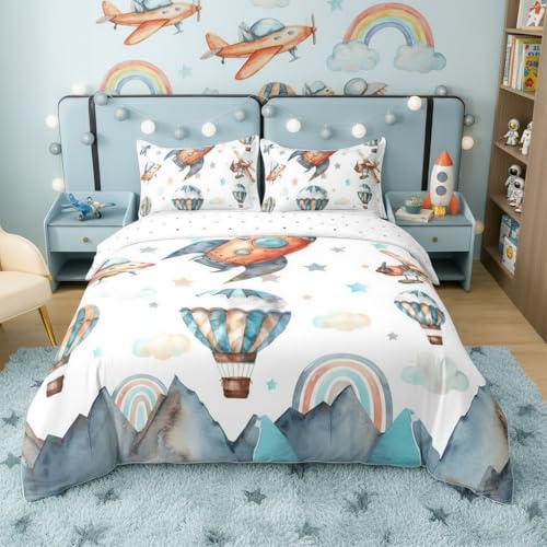 Castle Fairy Kids Airplane Duvet Cover Set 100% Natural Cotton Twin Size Aircraft Rocket Spaceship Hot Air Balloon Super Soft Bedding Set 2 PCS Star Rainbow Mountain Cotton Comforter Cover