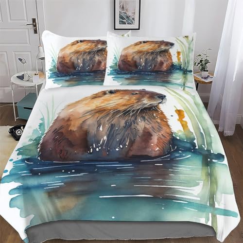 LLXXHH Beaver Duvet Cover Set, Bedding Linen Set, Soft Comforter Cover 3 Pieces, Quilt Cover with Pillowcase for Kids Adult King(220x240cm)