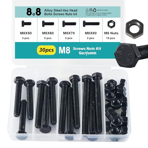 GuoYomm M8 x 50mm 60mm 70mm 80mm Hex Head Bolts and Nuts, M8 x 1.25 Bolts, Hexagon Head Screws, 8.8 Grade Alloy Steel, Black Oxide Finish, Fully Thread, Assortment Kit 30PCS