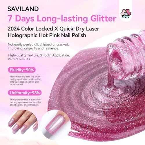 Image of SAVILAND Holographic Nail Polish Pink: Metallic Chrome Nail Polish Air Dry Fast,10 ml /0.34 oz High Glossy Shimmer Glitter Nail Pigment Oil-based Fingernail Polish for Salon DIY Home for Women