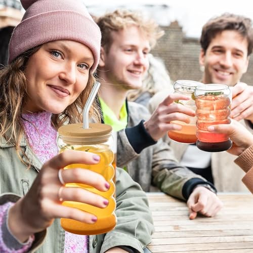 Image of Kamvy Reusable Glass Tumbler with Wooden Lid & Straw Pack of 1, 500ml Multipurpose Drinking Glasses Coffee Sipper Mugs for Juice Smoothies Iced Tea Indoor & Outdoor Cup (Wave)