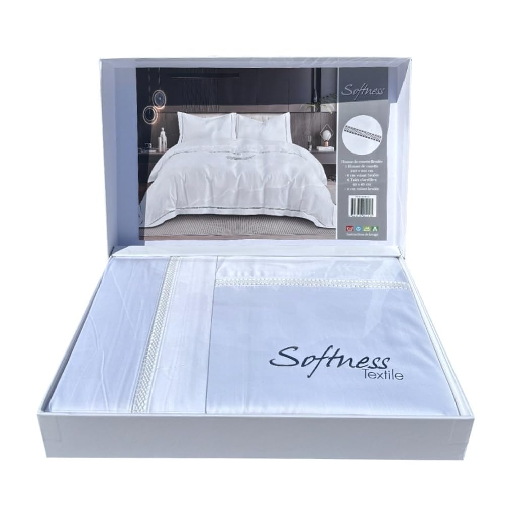 Housse de Couette brodée 220x240 cm Satin de Coton 120 Fils/cm² avec taies à Volant 65x65 cm - Luxe et élégance
