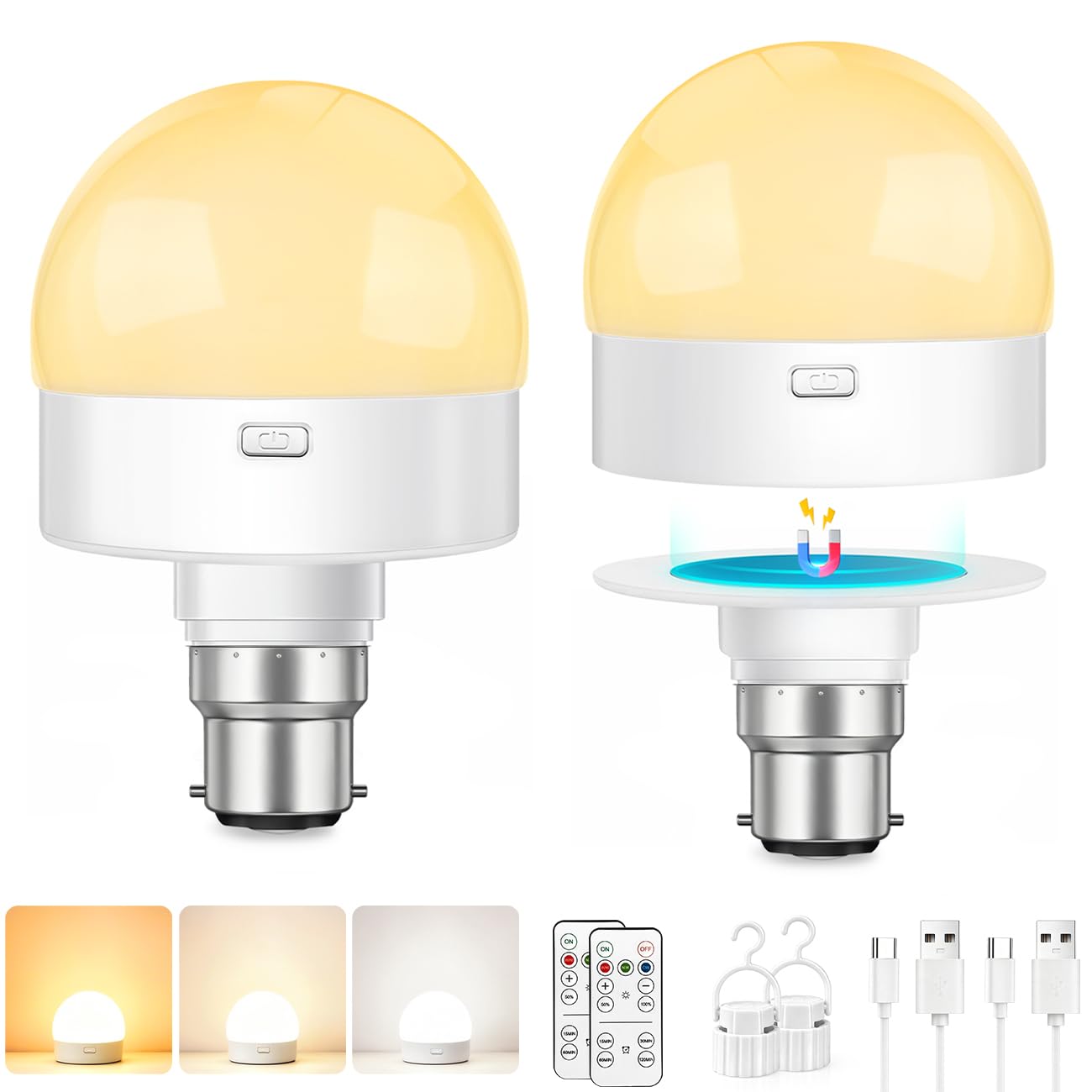 Morotty Rechargeable Light Bulb,B22 Battery Light Bulbs with Magnetic Base Detachable,3 Colours with Remote Control for Emergency,Camping,Bedside,Pack of 2