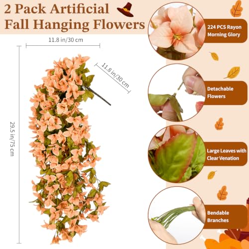 Image of Lewondr Artificial Fall Hanging Flowers UV Resistant Bougainvillea, Apricot | 2PCS Faux Silk Long Trailing Vines, Fade Proof, Fake Flowers for Autumn Decorations, Front Door Porch Planter Urn Patio