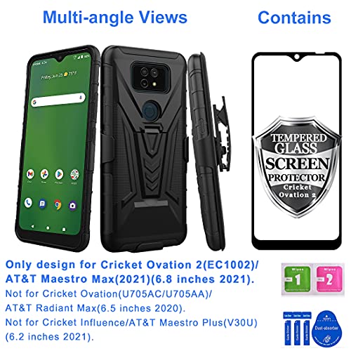 Ailiber For Cricket Ovation 2 Phone Case, At&T Maestro Max(2021) Case Holster With Screen Protector, Swivel Belt Clip Holster Kickstand Holder, Heavy Duty Rugged Cover For Cricket Ovation 2-Black #TOP1