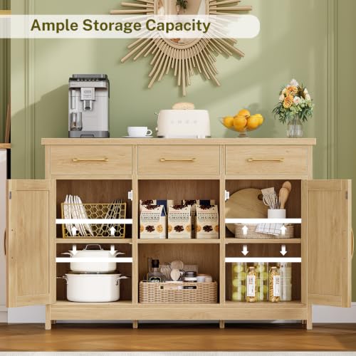 Image of Coffee Bar Cabinet with 3 Drawers, Farmhouse Buffet Cabinet | Kitchen Buffet Sideboard Cabinet with 2 Adjustable Shelves & 2 Doors, for Kitchen Room, Dining Room, Living Room, Nature