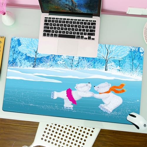 QRFASFZO Mouse Pad 31.5 × 12 inch Extended Large Mouse Mat Desk Pad, Stitched Edges Mousepad,Non-Slip Rubber Base,Cartoon, Two little white polar bears ice skating on frozen lake,Gaming Mouse Pad XL