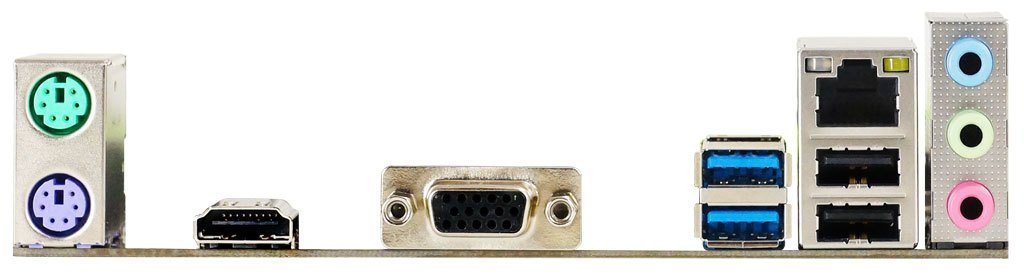 Rear I/O panel of Biostar H110MHC motherboard showing PS/2, USB, HDMI, VGA, LAN, and audio ports.