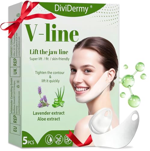 5 Pièces Masque Double Menton, Masque Visage V-Line, Double Menton Réducteur Femme, masque lifting visage avec Acide Hyaluronique, pour Raffermir La Peau et...