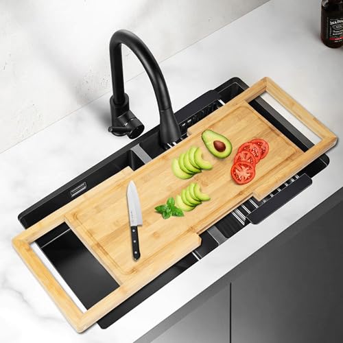 Nisorpa Bamboo Cutting Boards for Kitchen Over Sink,Cutting Board for Sink Cover for Counter Space,Over The Sink Expandable Chopping Board with Juice Groove for Kitchen