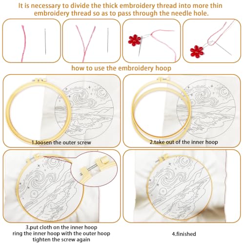Image of BEUNITONE 4pcs Embroidery Kit, Starry Sky & Beach Stamped Embroidery Kits with Hoop, Thread & Needles, Cross Stitch Kits Sewing Gifts for Adults and Beginners, DIY Craft for Relaxation
